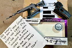 The delivered package of the one of a kind GoatGuns P90 sold on eBay